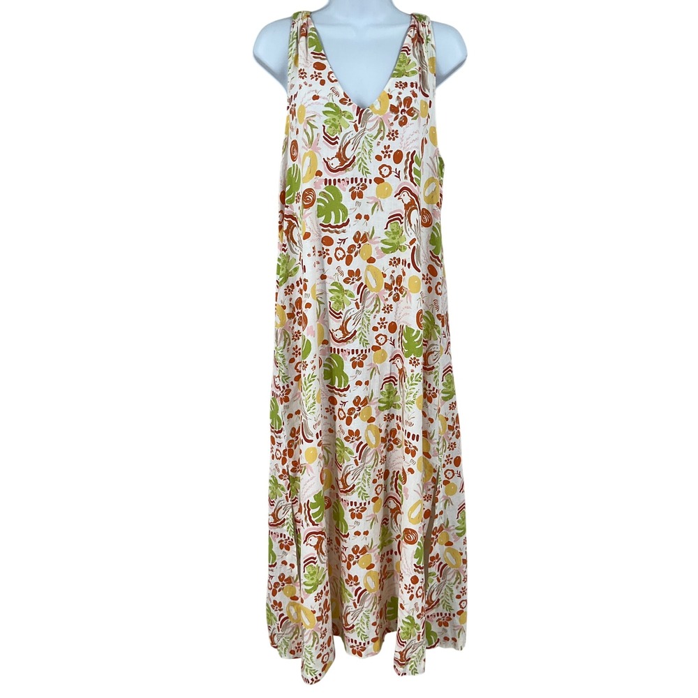 C&C California Womens Linen Tropical Bird Print Maxi Dress Sz M Pockets NEW